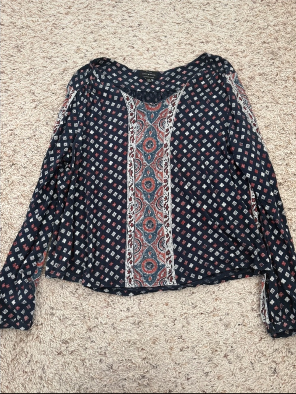 Lucky Brand Navy Long-Sleeve Peasant Top with Rust and Cream Medallion Panel